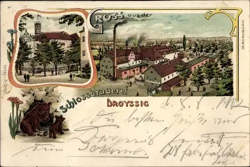 Litho Droyßig im Burgenlandkreis, Schloss, Schlossbrauerei, Bären