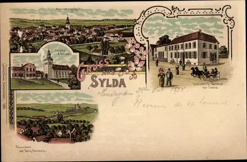 Litho Sylda Arnstein im Südharz, Gesamtansicht, Kirche, Schule, Gasthof zur Sonne, Burg Arnstein