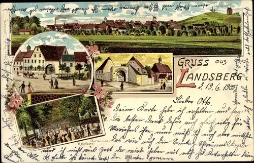 Litho Landsberg im Saalekreis, Gesamtansicht, Gasthof zum Pelikan