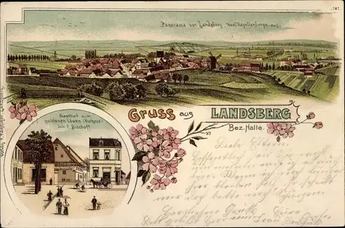 Litho Landsberg im Saalekreis, Gasthof zum goldenen Löwen, Kurhaus v. F. Bischoff, Panorama