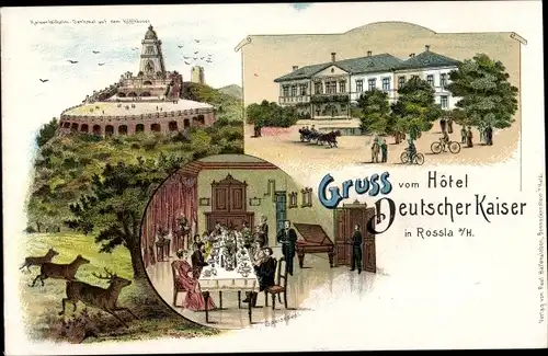 Litho Roßla am Harz, Kyffhäuser, Hotel Deutscher Kaiser, Kaiser Wilhelm Denkmal