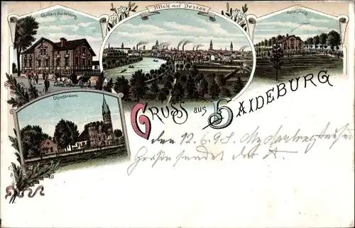 Litho Haideburg Dessau in Sachsen Anhalt, Panorama, Gasthaus Haideburg, Oberförsterei, Spielplatz