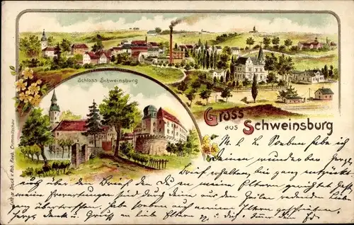 Litho Schweinsburg Neukirchen Pleiße, Gesamtansicht, Schloss