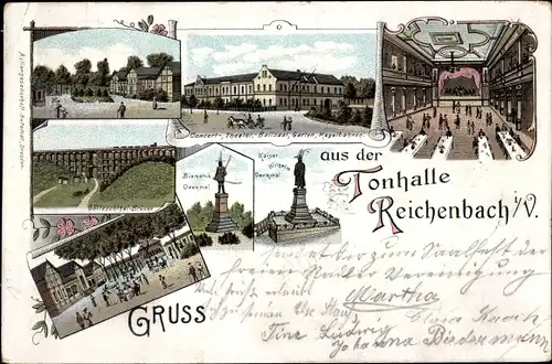 Litho Reichenbach im Vogtland, Tonhalle, Bismarckdenkmal, Kaiser Wilhelm Denkmal, Göltzschtalbrücke