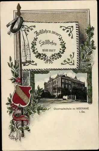 Passepartout Ak Meerane in Sachsen, Oberrealschule, Wappen, Banner