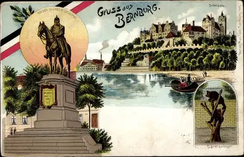 Litho Bernburg an der Saale, Bärenzwinger, Schloss, Kaiser Wilhelm Denkmal