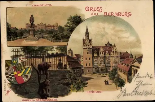 Wappen Litho Bernburg an der Saale, Bären im Bärenzwinger, Carlsplatz, Kreishaus