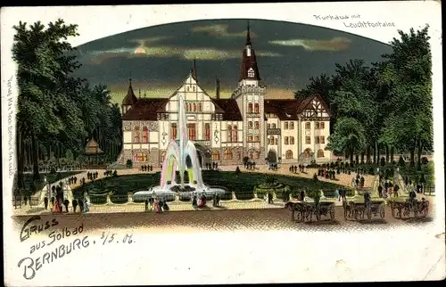 Litho Bernburg an der Saale, Kurhaus mit Leuchtfontaine