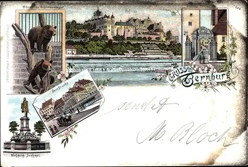 Litho Bernburg an der Saale, Bärenzwinger, Schloss, Brücke, Wolfgang-Denkmal