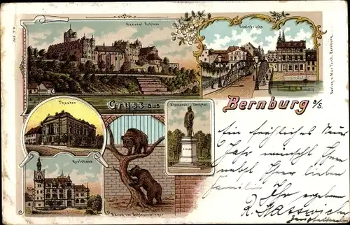 Litho Bernburg an der Saale, Bärenzwinger, Schloss, Kreishaus, Theater, Bismarck-Denkmal