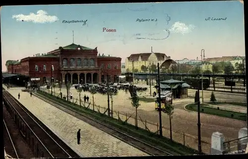 Ak Poznań Posen, Hauptbahnhof, Gleisseite, St. Lazarus, Postamt