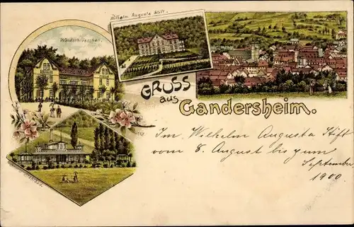 Litho Bad Gandersheim am Harz, Wilhelm Augusta Stift, Waldschlösschen, Totalansicht