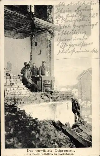 Ak Osjorsk Kaliningrad Darkehmen Ostpreußen, Deutsche Soldaten in Uniformen, Kriegszerstörungen,I WK