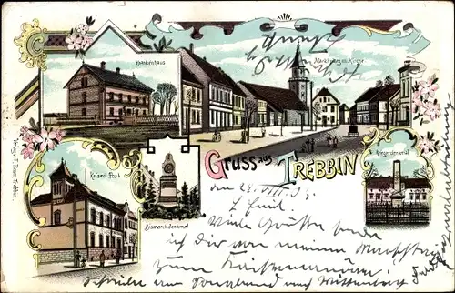 Litho Trebbin im Kreis Teltow Fläming, Kriegerdenkmal, Bismarckdenkmal, Krankenhaus, Kirche