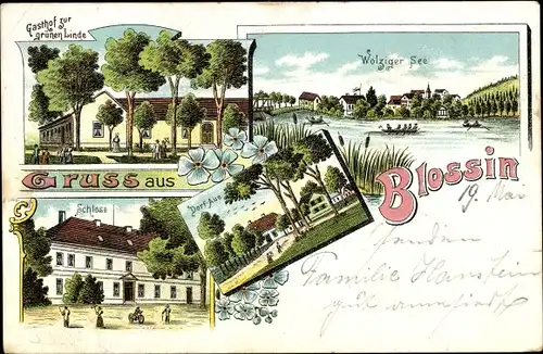 Litho Blossin in der Mark, Wolziger See, Gasthof zur grünen Linde, Schloss