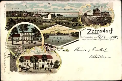 Litho Zernsdorf Königs Wusterhausen in Brandenburg, Bahnhof, Gleisseite, Heißluftballon, Restaurant