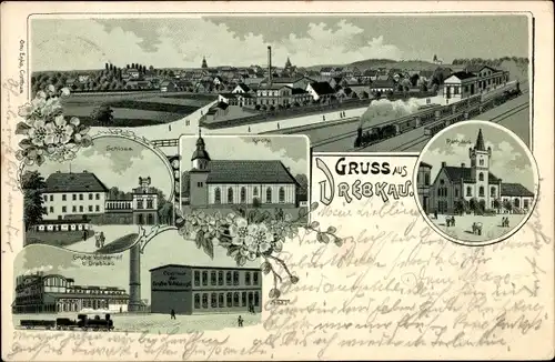 Litho Drebkau in der Niederlausitz, Bahnhof, Gleisseite, Rathaus, Kirche, Grube Volldampf, Schloss