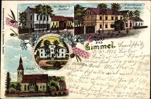 Litho Jemielno Gimmel Schlesien, Warenhaus, Gasthof, Kirche, Schloss