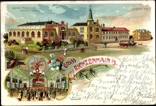 Litho Richzenhain Waldheim in Sachsen, Gemeindeamt, Gasthaus, Innenansicht