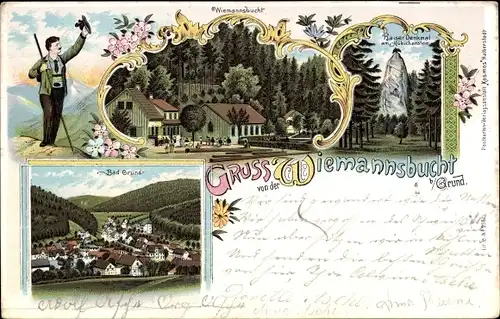 Litho Bad Grund im Harz, Wiemannsbucht, Gasthaus, Kaiserdenkmal Hübichenstein