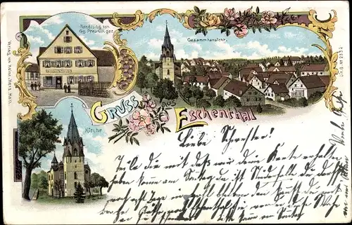 Litho Eschental Kupferzell in Württemberg, Geschäft, Totalansicht ,Kirche