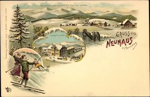 Winter Litho Neuhaus am Rennweg Thüringen, Panorama, Gasthof zur Post, Skifahrer