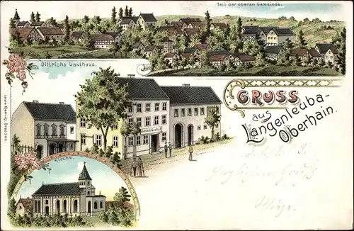 Litho Langenleuba Oberhain Penig in Sachsen, Kirche, Gasthaus, Teilansicht