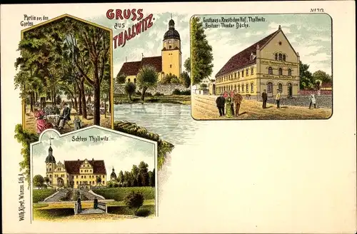 Litho Thallwitz in Sachsen, Gasthaus zum Preußischen Hof, Schloss