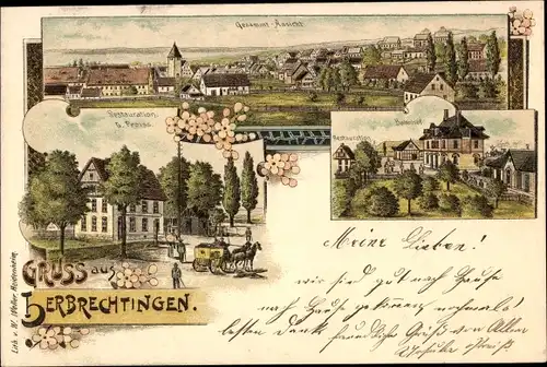 Litho Herbrechtingen in Württemberg, Bahnhof, Restauration, Totalansicht