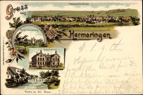 Litho Hermaringen an der Brenz Württemberg, Schulhaus, Ruine Gössenburg, Totalansicht