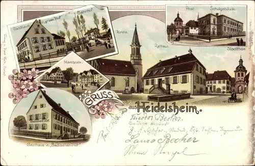 Litho Heidelsheim Bruchsal im Kraichgau, Rathaus, Kirche, Schule, Gasthaus zum grünen Hof