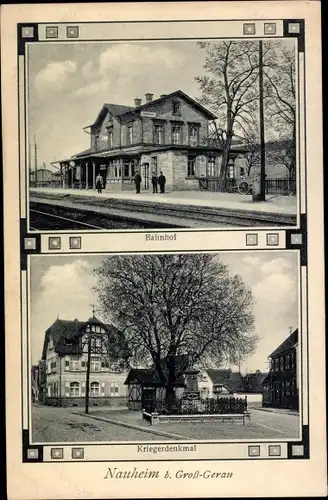 Ak Nauheim im Kreis Groß Gerau Hessen, Bahnhof Gleisseite, Kriegerdenkmal