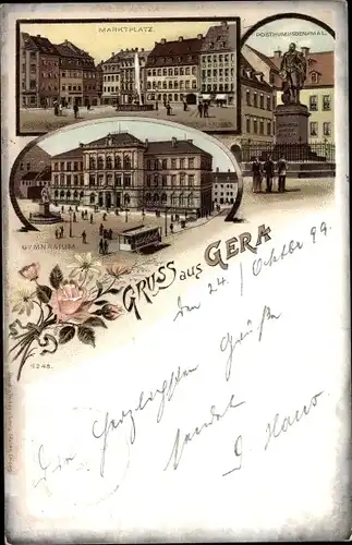 Litho Gera in Thüringen, Marktplatz, Posthumusdenkmal, Gymnasium