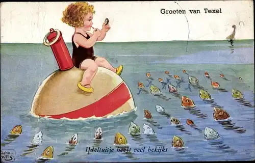 Künstler Ak Wills, John, Texel, Mädchen schminkt sich auf einer Boje, Fische schauen aus dem Wasser