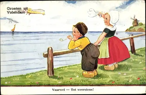 Künstler Ak Wills, John, Volendam, Kinder in niederländischer Tracht, Flugzeug, Pfeife