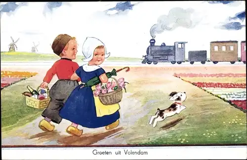 Künstler Ak Wills, John, Volendam, Kinder in niederländischer Tracht, Eisenbahn