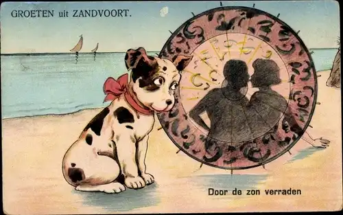 Künstler Ak Wills, John, Zandvoort, Liebespaar hinter Sonnenschirm am Strand, Hund