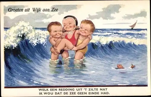 Künstler Ak Scheuermann, Willi, Wijk aan Zee, Mädchen im Badeanzug wird von zwei Jungen gerettet
