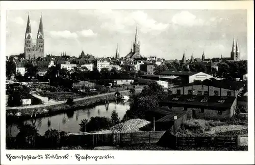 Ak Lübeck, Gesamtansicht, Hafen, Kirchen