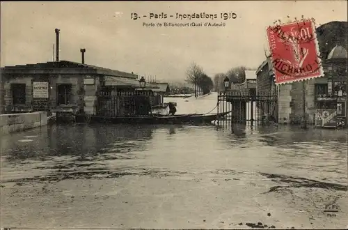 Ak Paris XVI Passy, Porte de Billancourt, Die große Seineflut 1910