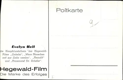 Ak Schauspielerin Evelyn Holt, Portrait, Hegewald-Film, Autogramm