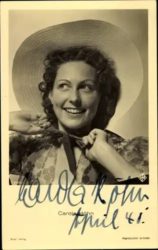 Ak Schauspielerin Carola Höhn, Portrait, Hut, Autogramm