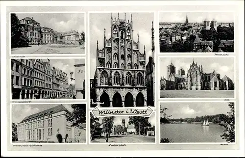 Ak Münster in Westfalen, Rathaus, Ludgeriplatz, Dom, Universitäts-Bibliothek, Prinzipalmarkt