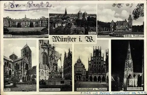 Ak Münster in Westfalen, Schloss, Dom, Lambertusbrunnen, Stadtweinhaus, Rathaus, Lambertikirche