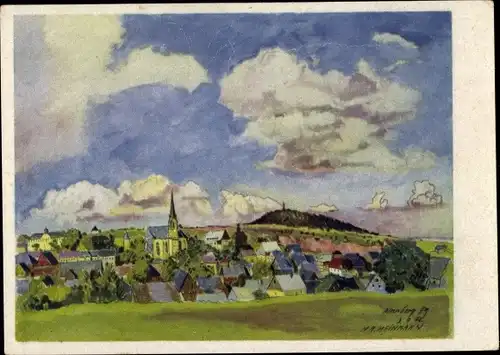Künstler Ak Heinmann, Altenberg Erzgebirge, 500 Jahre Zinnstadt, Totale, Kirche, Ort