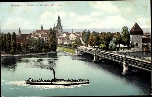Ak Konstanz am Bodensee, Rheinbrücke, Dampfer