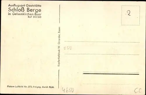 Ak Buer Gelsenkirchen im Ruhrgebiet, Schloss Berge, Gaststätte, Fliegeraufnahme