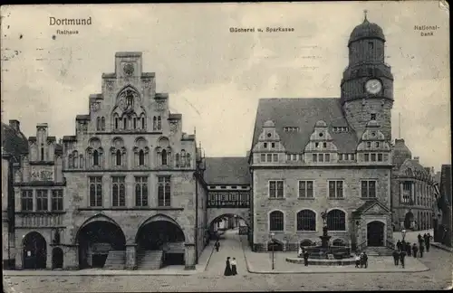 Ak Dortmund im Ruhrgebiet, Rathaus, Bücherei, Sparkasse, Nationalbank