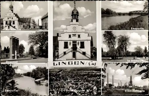 Ak Lingen Ems, Rathaus, Erdöl Raffinerie, Stadtpark