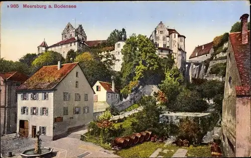 Ak Meersburg am Bodensee Baden Württemberg, Burg, Häuserpartie, Brunnen, Fässer